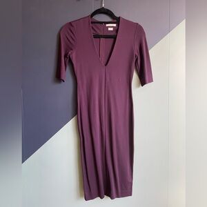 Aritzia Babaton Burgundy/Plum Jersey V-Neck 1/2 sleeve knee length sheath dress